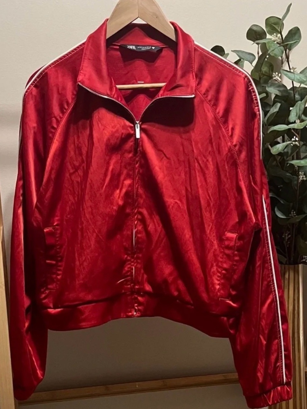 Zara Red Satin Bomber Jacket with Stripe Detail